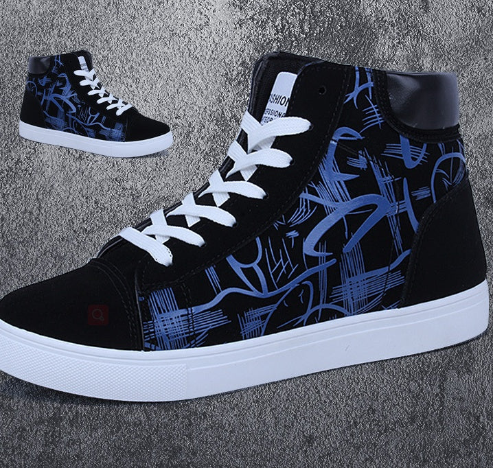 Black high-top sneakers with blue graffiti pattern on a gray background